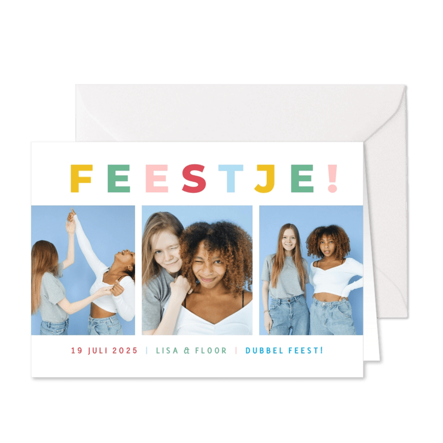 Fotocollage uitnodiging feestje met regenboog typografie - Kaartimpressie