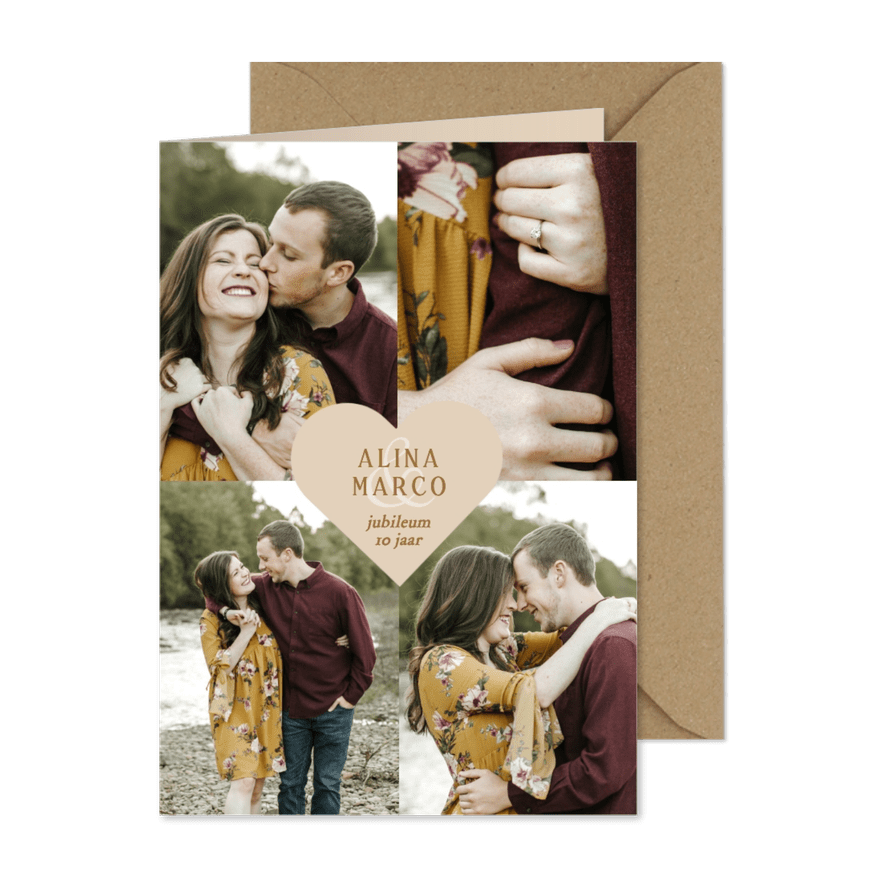 Fotocollage uitnodiging jubileum met beige hartje - Kaartimpressie