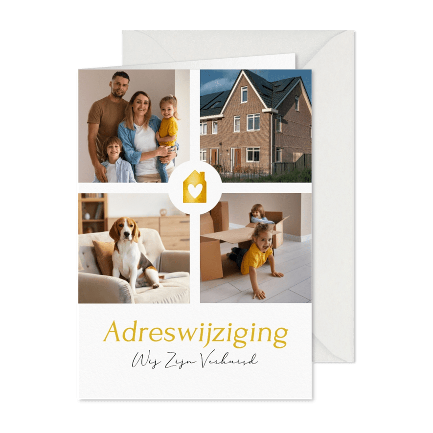 fotocollage verhuiskaartje wit met gouden huisje - Kaartimpressie