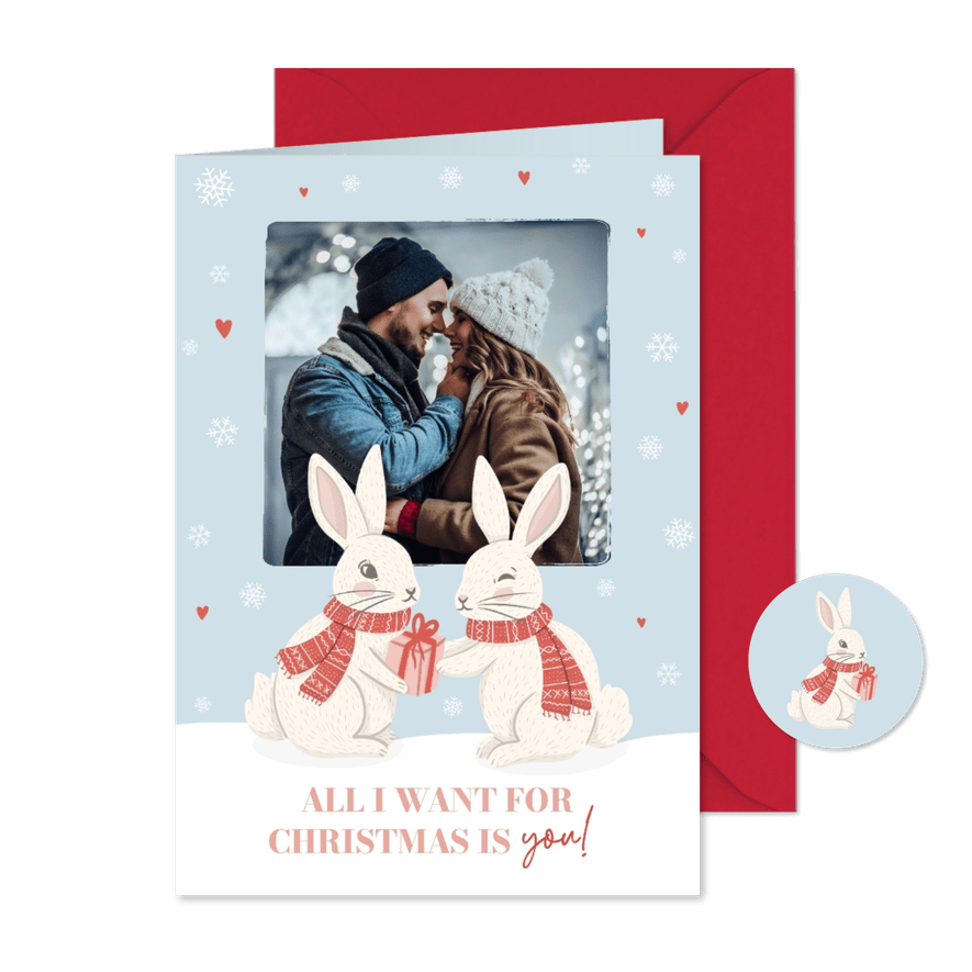 Fotokaart kerst met konijntjes en cadeautje - Kaartimpressie