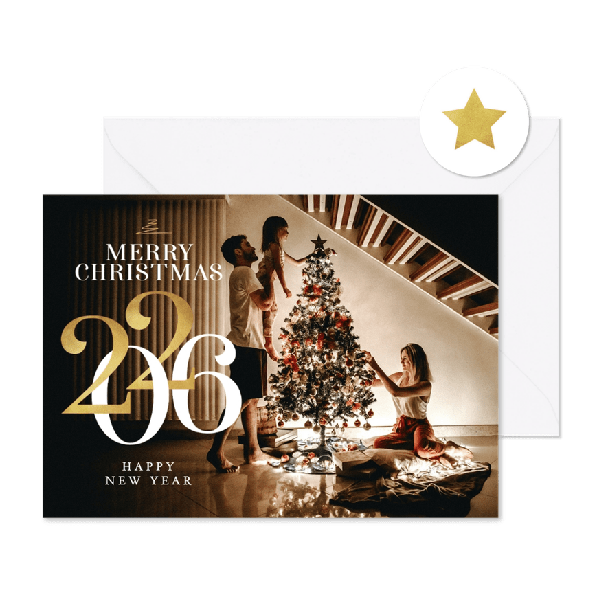 Fotokaart kerst nieuwjaar goud 2026 stijlvol modern - Kaartimpressie