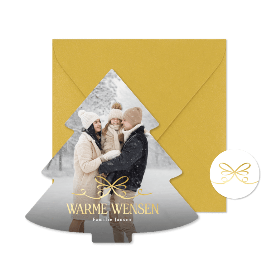 Fotokaart kerstmis in kerstboom vorm met gouden strik  - Kaartimpressie