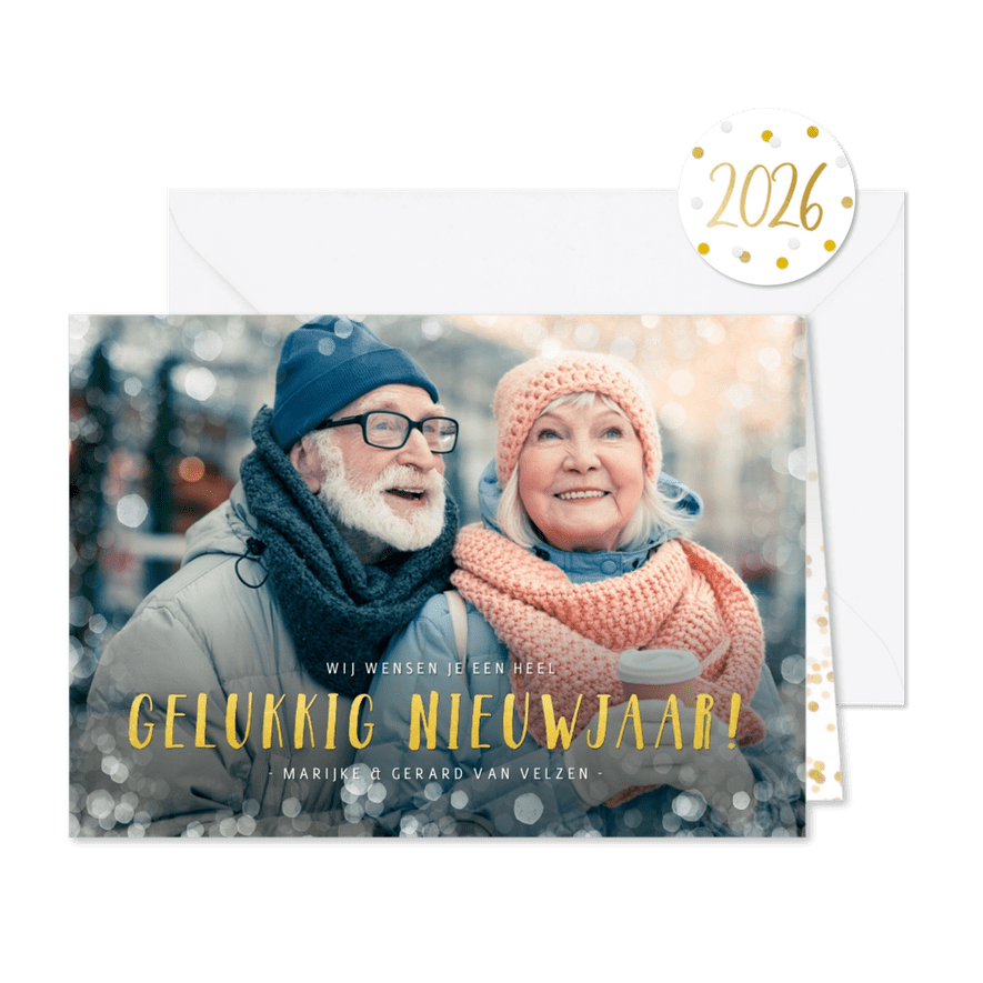 Fotokaart nieuwjaar met grote foto en goud - Kaartimpressie