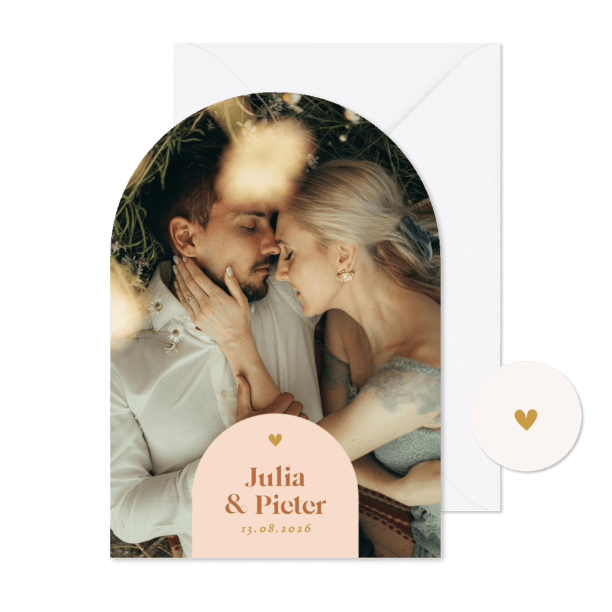 Fotokaart originele vorm oranje boog uitnodiging huwelijk - Kaartimpressie