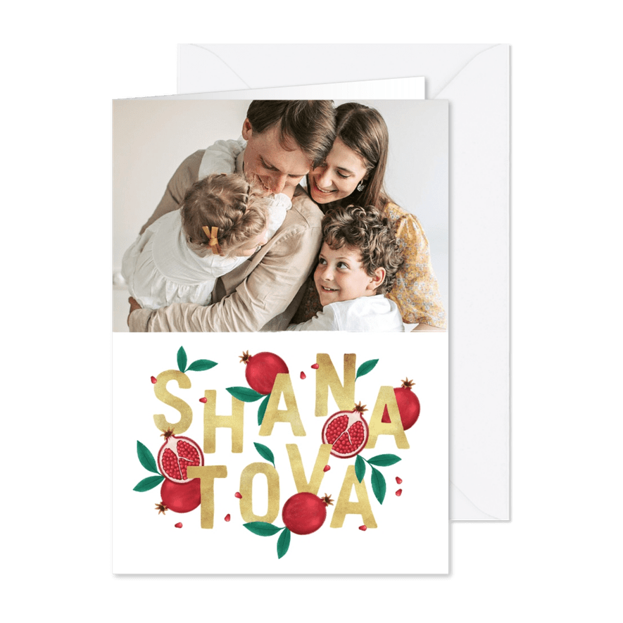 Fotokaart shana tova joods granaatappel goud typografie - Kaartimpressie
