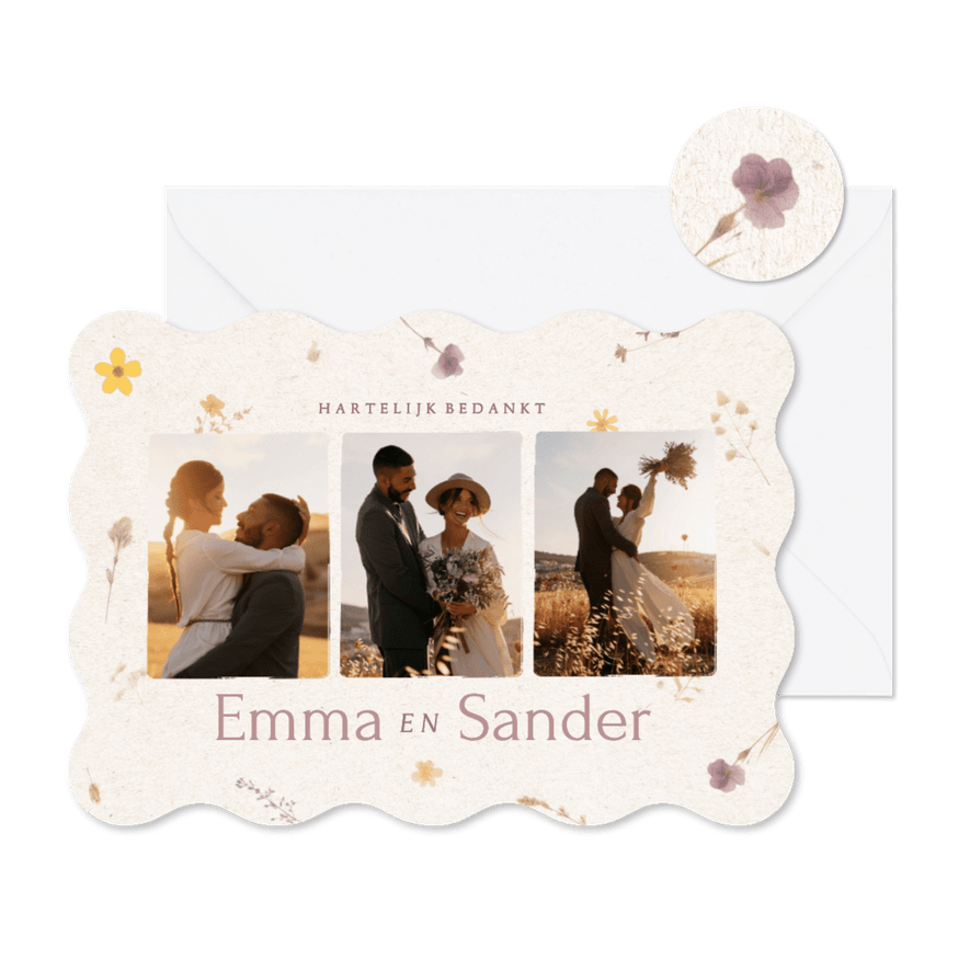 Fotokaart trouwen met geschulpte rand bedankt en bloemetjes - Kaartimpressie