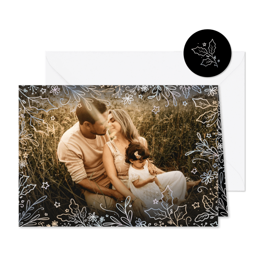 Fotokaart voor kerst zonder tekst met sierlijke takjes rand - Kaartimpressie