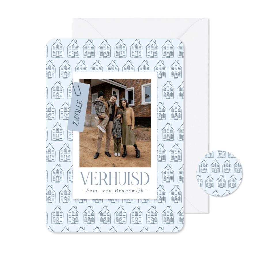 Fotokaart voor verhuizing met huisjes patroontje blauw - Kaartimpressie