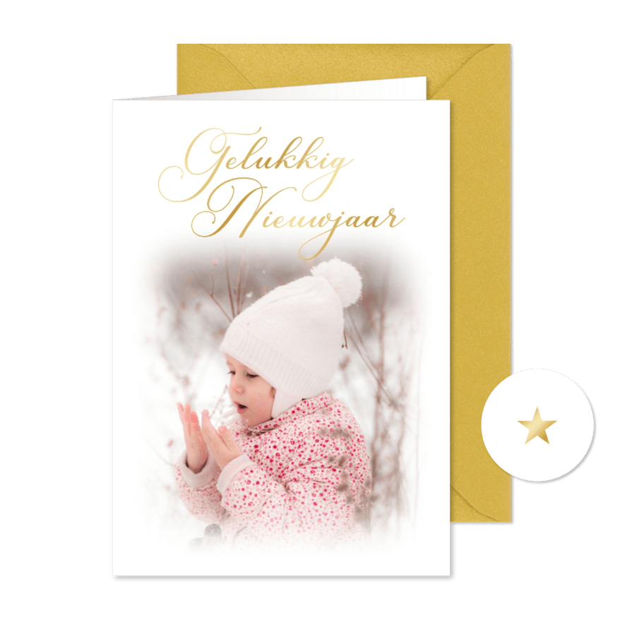 Fotokaartje gelukkig nieuwjaar met vintage tekst goudfolie - Kaartimpressie