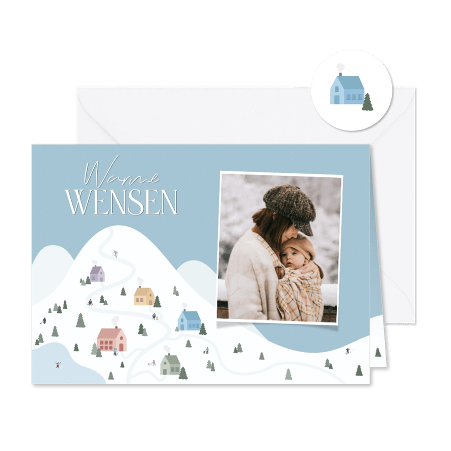 Fotokaartje kerst blauw met winter landschap met huisjes - Kaartimpressie