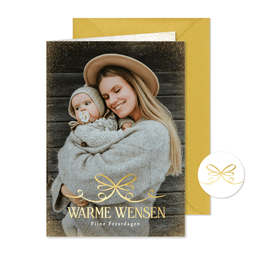 Fotokaartje kerst met gouden strik warme wensen - Kaartimpressie