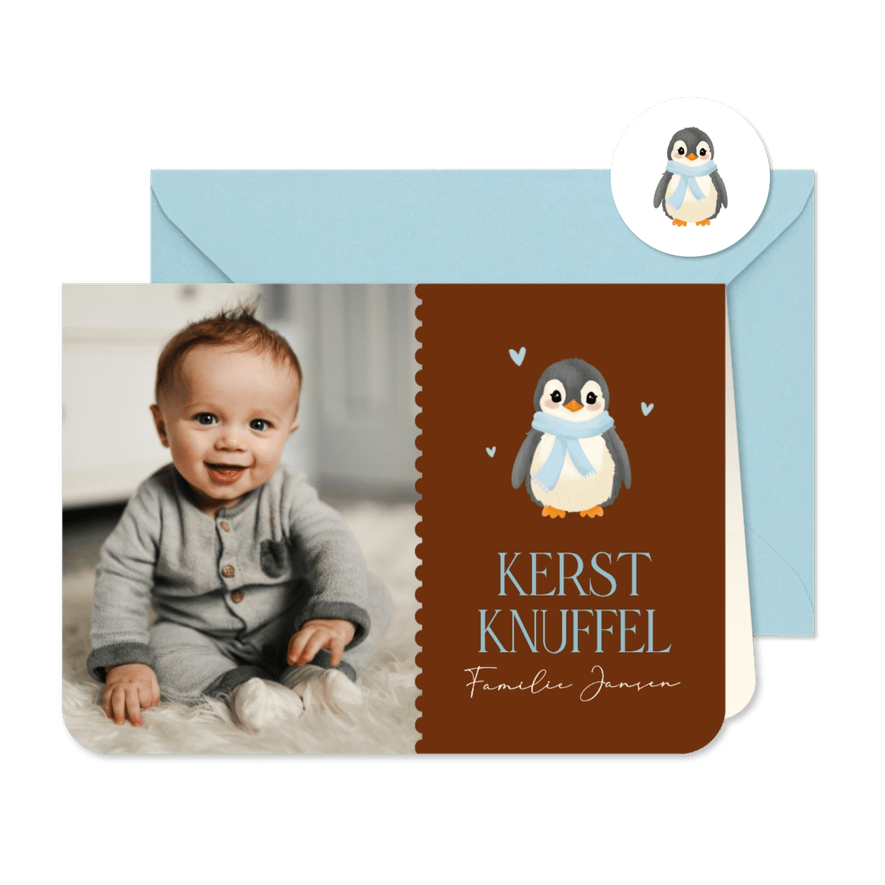 Fotokaartje kerst met schattige baby pinguïn hartje - Kaartimpressie