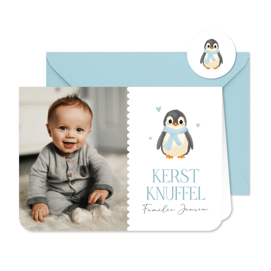 Fotokaartje kerst met schattige baby pinguïn hartje - Kaartimpressie