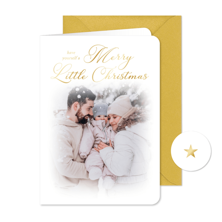 Fotokaartje kerst vintage merry little christmas goudfolie - Kaartimpressie