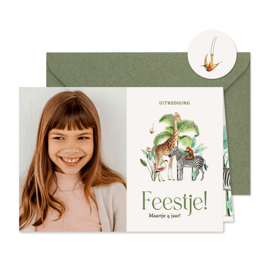 Fotokaartje kinderfeestje uitnodiging met jungle dieren - Kaartimpressie