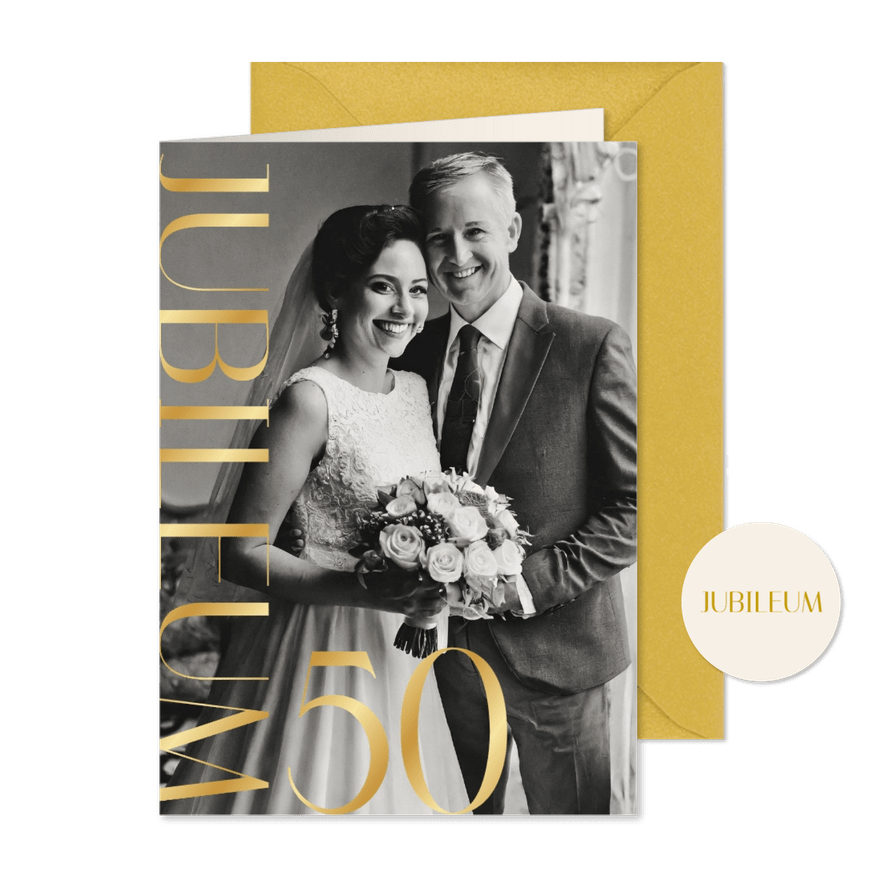 Fotokaartje voor huwelijksjubileum met goudfolie 50 - Kaartimpressie