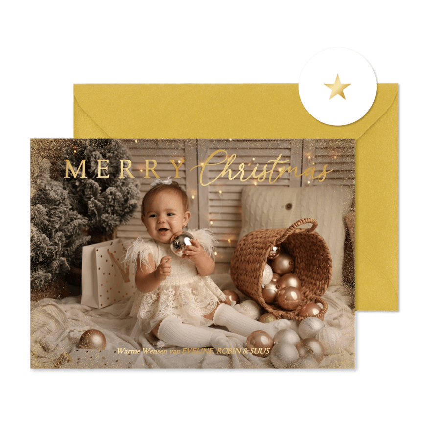 Fotokaartje voor kerst met goudfolie merry christmas - Kaartimpressie