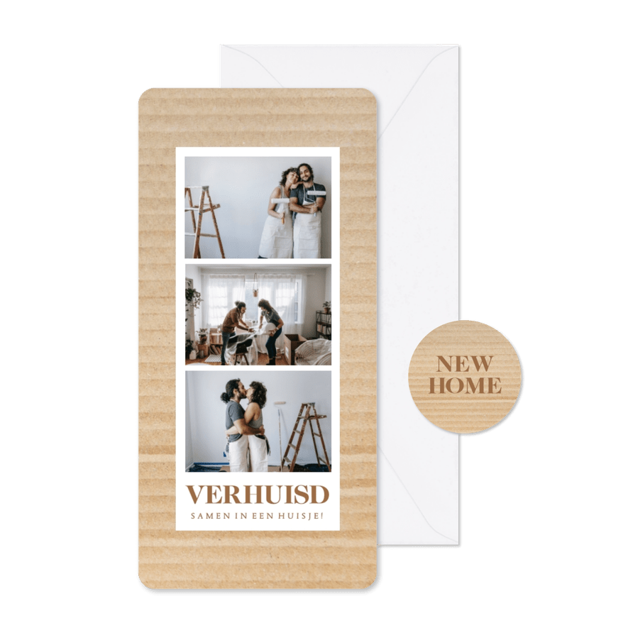 Fotostrip verhuiskaart samenwonen met karton - Kaartimpressie