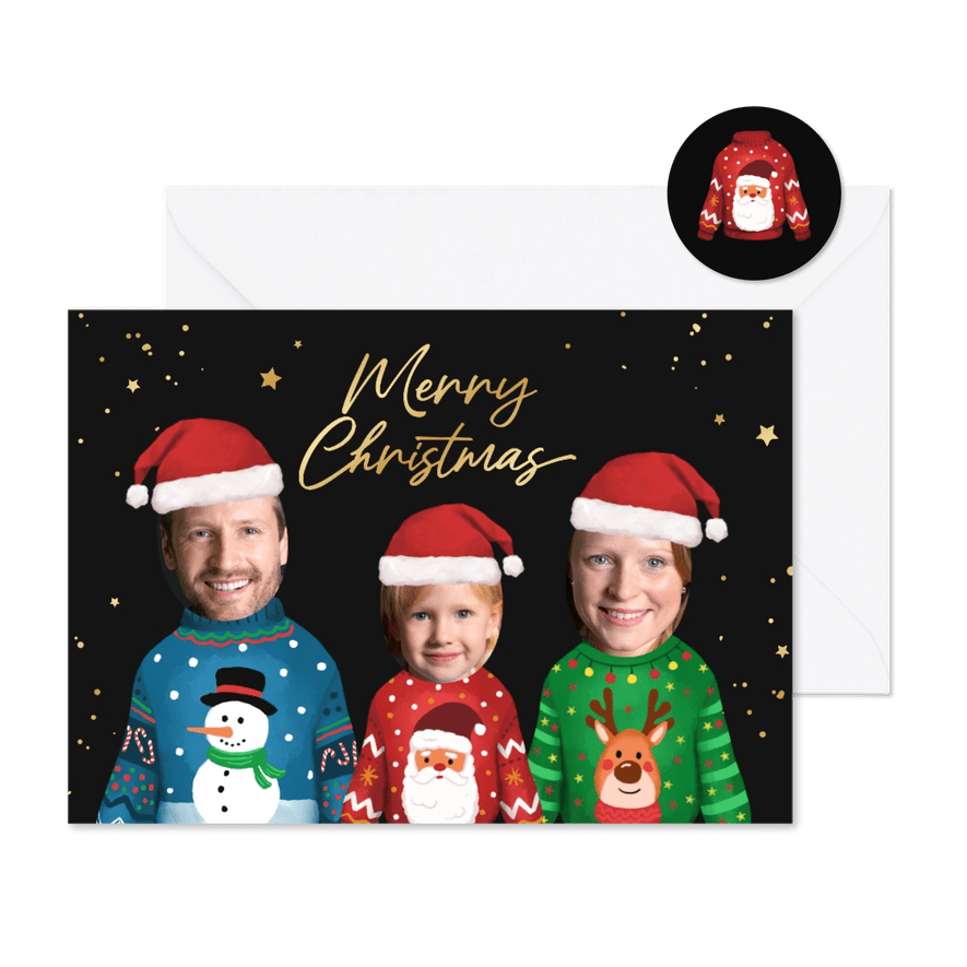 Foute kerstkaart kersttruien foto's kerstmuts sterren humor - Kaartimpressie