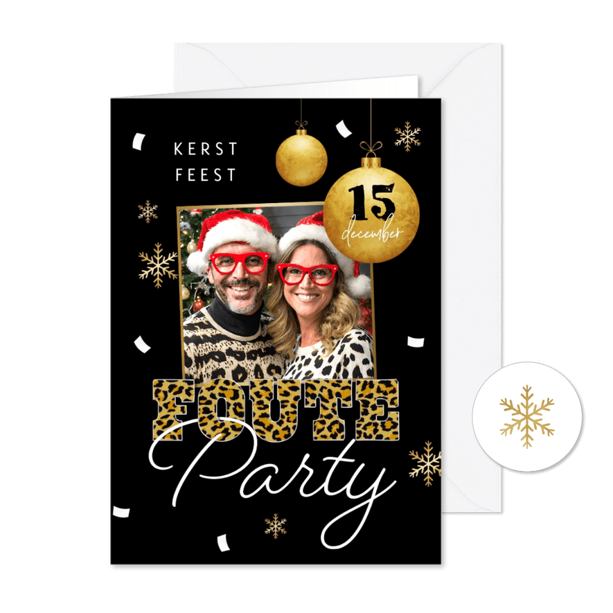 Foute kerstparty uitnodiging panterprint kerstballen sneeuw - Kaartimpressie