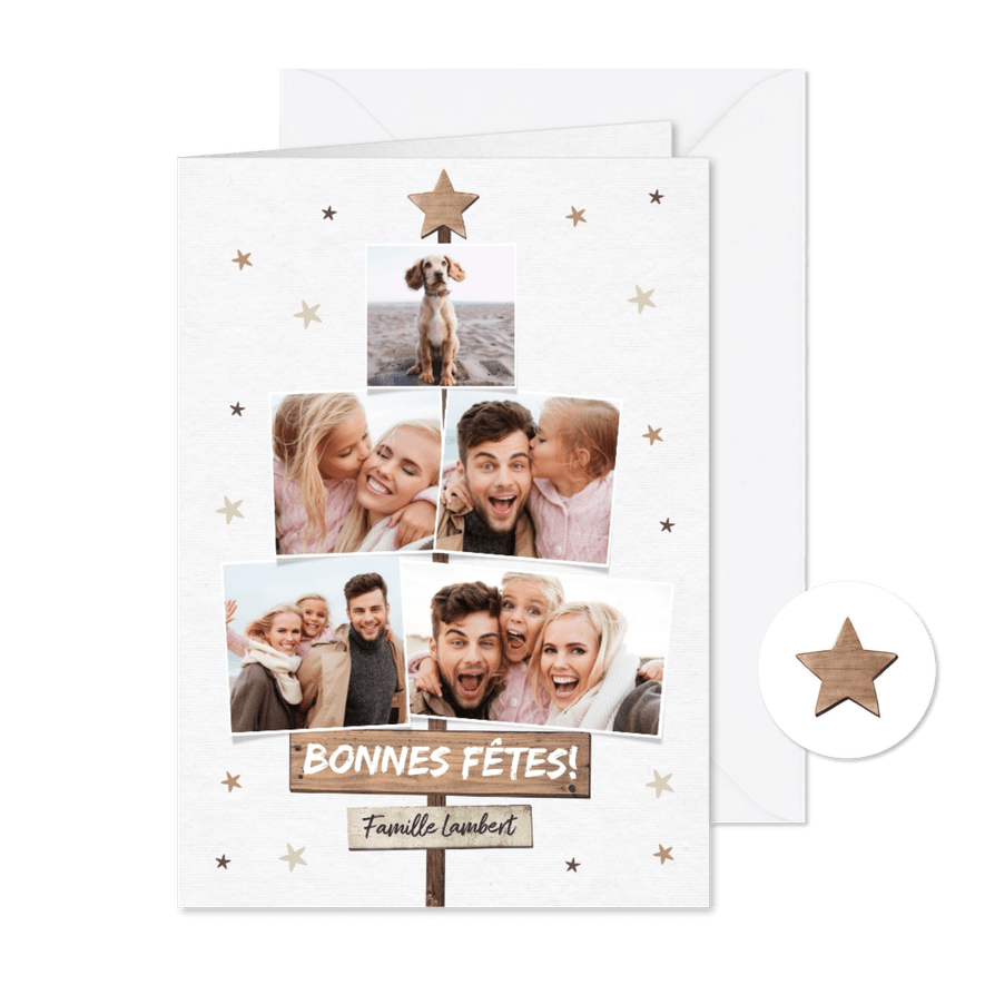 Franse kerstkaart fotocollage houtlook sterren - Kaartimpressie