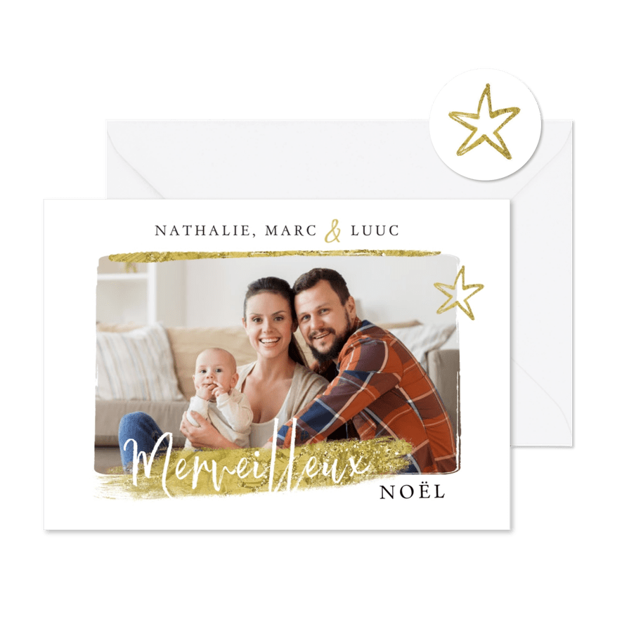 Franse kerstkaart goud glitters eigen foto sterren - Kaartimpressie