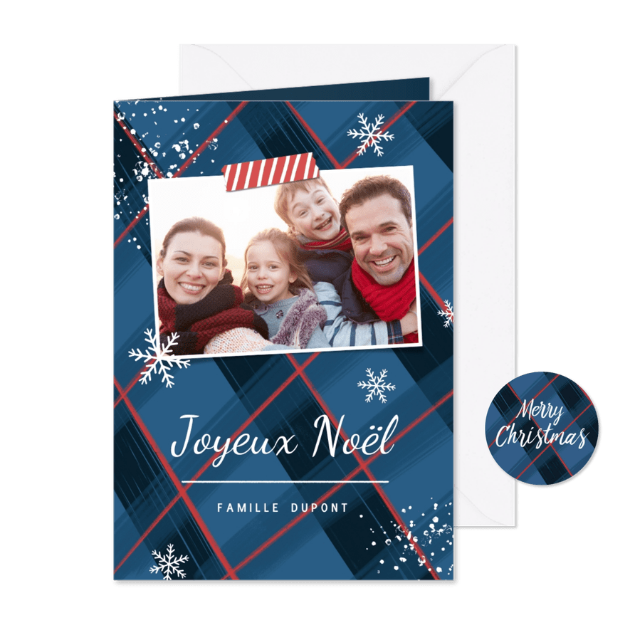 Franse kerstkaart met ruitjes eigen foto en sneeuw - Kaartimpressie