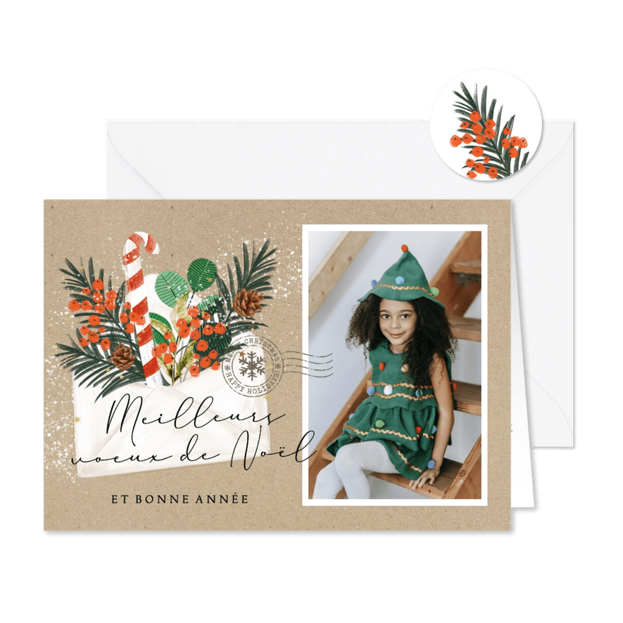 Franse nieuwjaarsgroet envelop kersttak foto stempel - Kaartimpressie