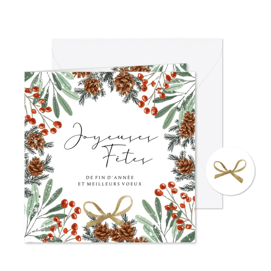 Franse nieuwjaarskaart botanische takken dennenappel strik  - Kaartimpressie