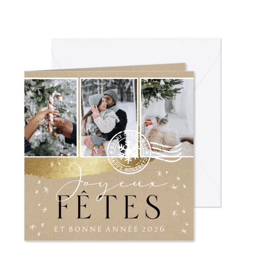 Franse nieuwjaarskaart fotocollage kraft goudlook ster - Kaartimpressie