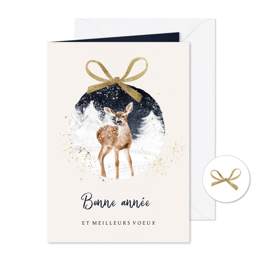 Franse nieuwjaarskaart illustratie hert kerstbal strik goud - Kaartimpressie