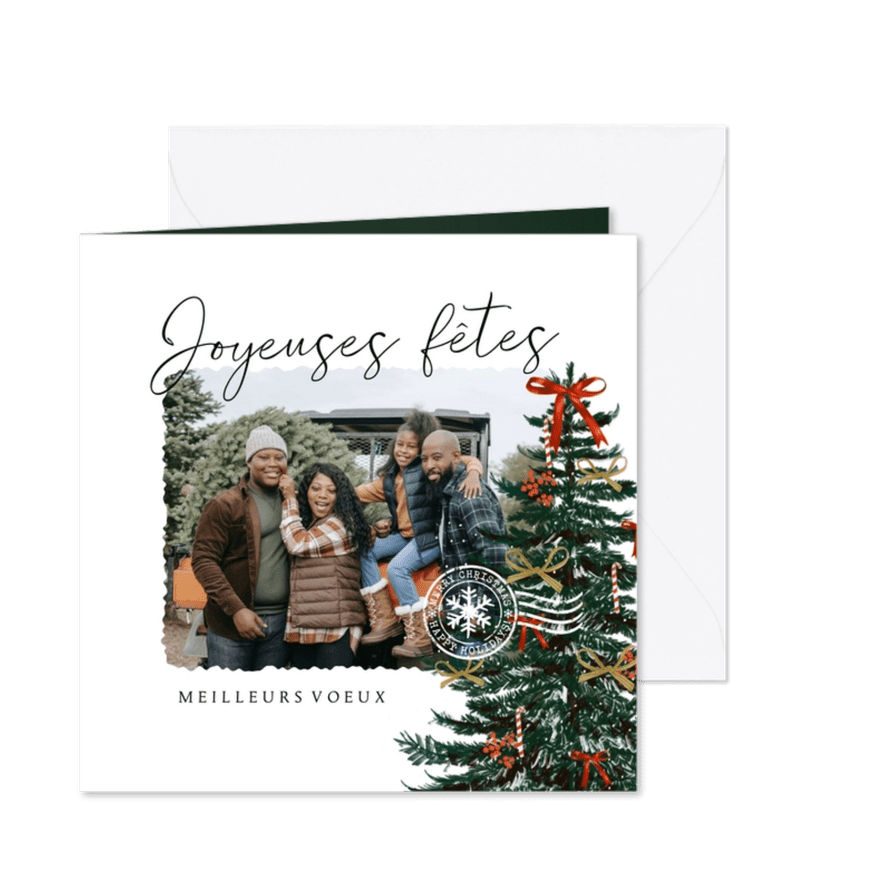 Franse nieuwjaarskaart met foto kerstboom en strik - Kaartimpressie