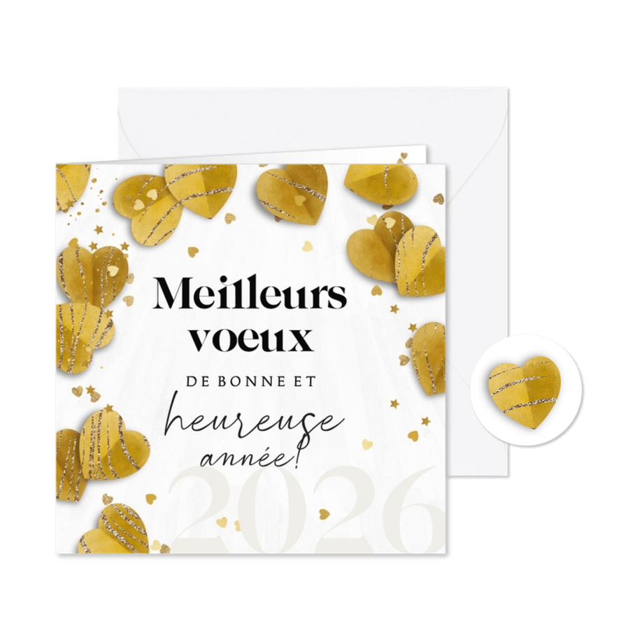 Franse nieuwjaarskaart met hartjes confetti goudlook - Kaartimpressie