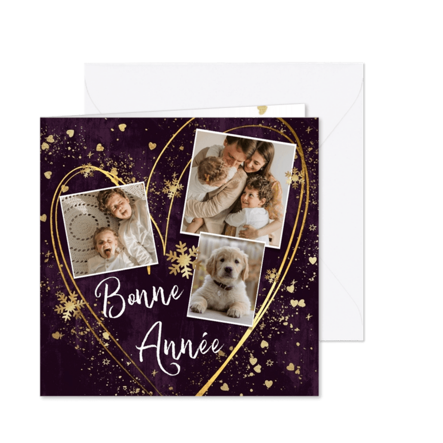 Franse nieuwjaarskaart met sterretjes hart en spetters goud - Kaartimpressie