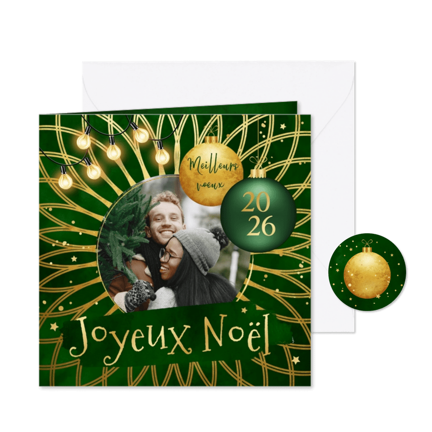 Franstalige kerstkaart groen kerstballen foto ster - Kaartimpressie