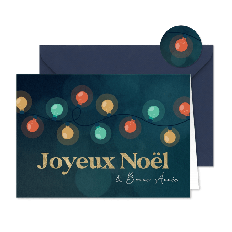 Franstalige kerstkaart met kleurrijke lampjes - Kaartimpressie