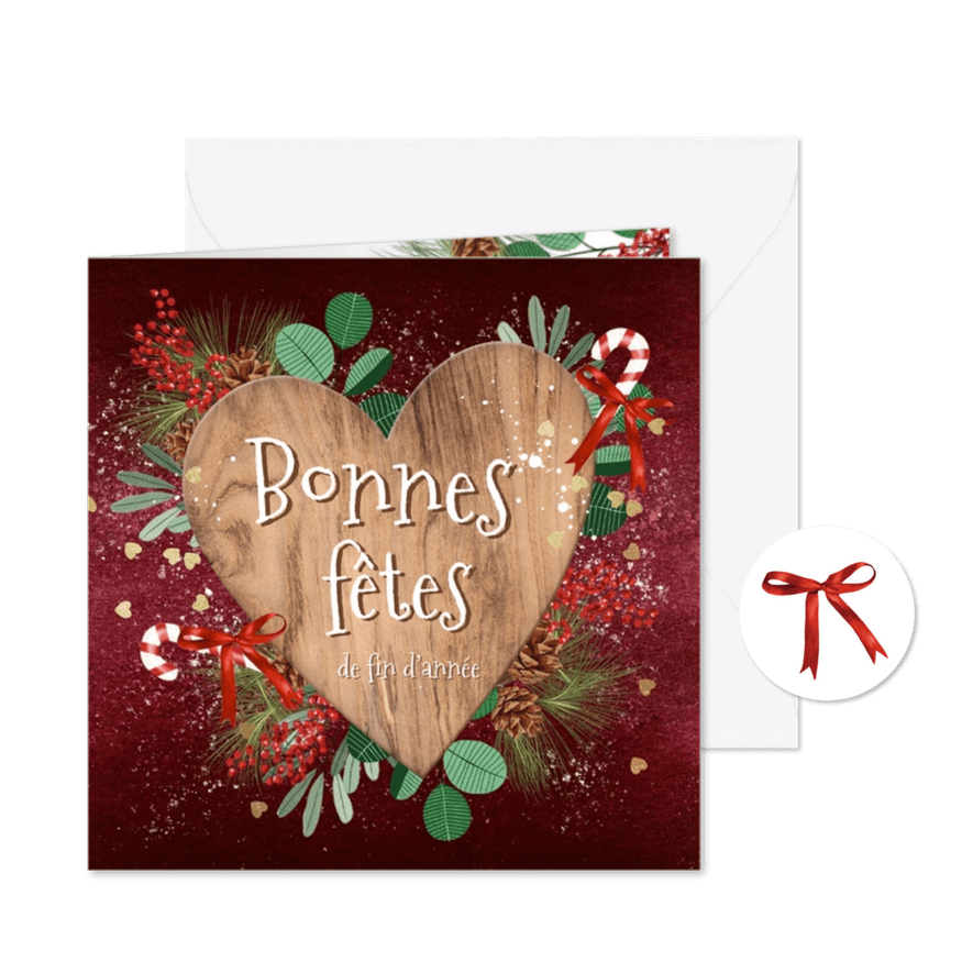 Franstalige nieuwjaarskaart houten hart op velvet rood - Kaartimpressie