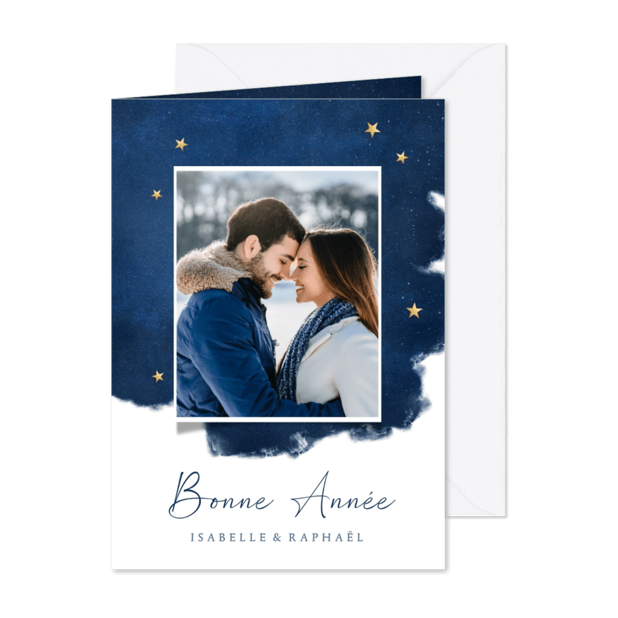 Franstalige nieuwjaarskaart met grote foto en sterren - Kaartimpressie