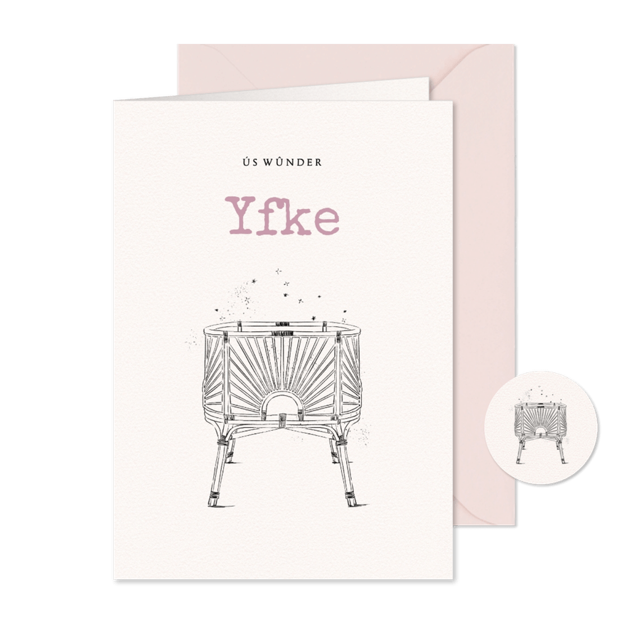 Fries geboortekaartje met rotan wiegje en sterretjes - Kaartimpressie