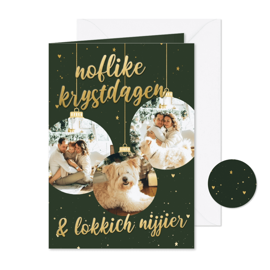 Fries kerstkaartje donkergroen met drie kerstballen - Kaartimpressie