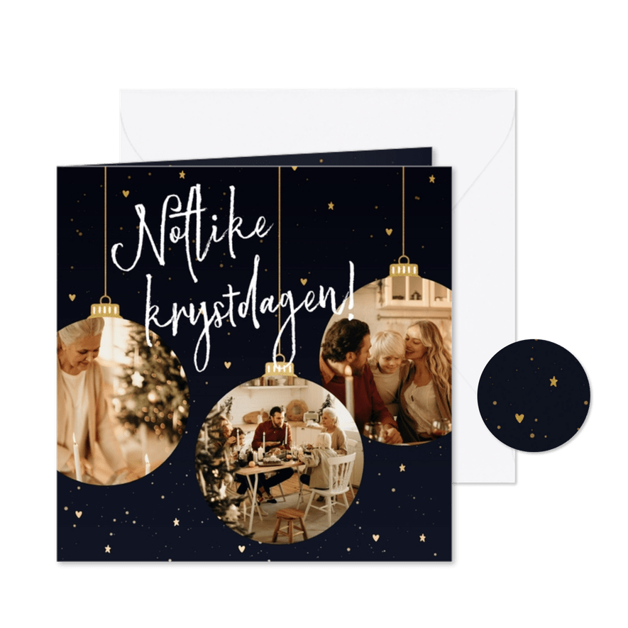 Fries kerstkaartje noflike krystdagen met drie kerstballen - Kaartimpressie