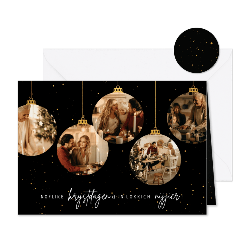 Fries kerstkaartje noflike krystdagen met vijf kerstballen - Kaartimpressie
