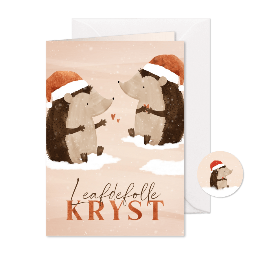 Friese kerstkaart twee egeltjes en Leafdevolle Kryst - Kaartimpressie