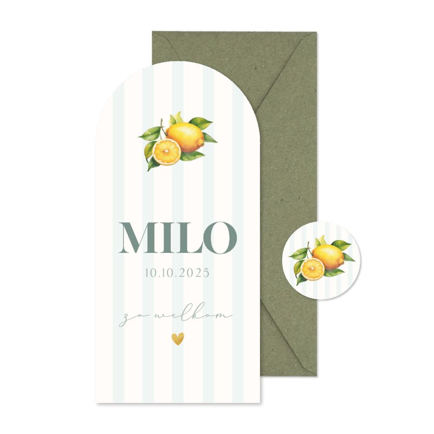 Fruitig geboortekaartje met citroenen en blauwe streepjes - Kaartimpressie