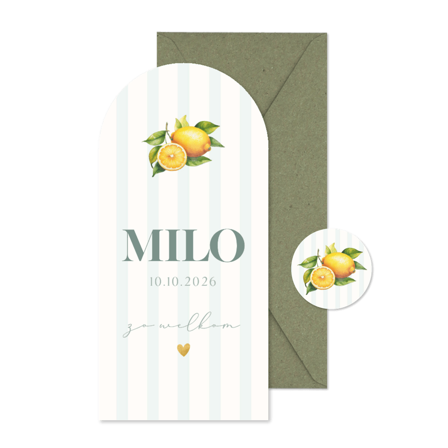 Fruitig geboortekaartje met citroenen en blauwe streepjes - Kaartimpressie