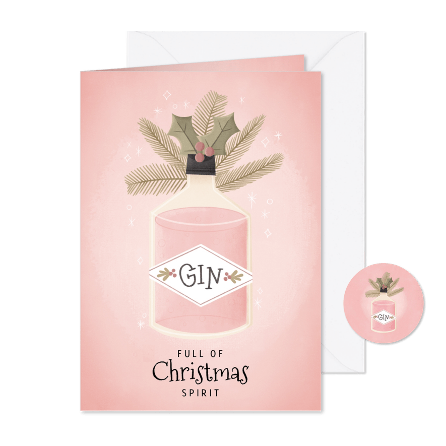 Funky kerstkaart Full of Christmas spirit Gin-fles en takjes - Kaartimpressie