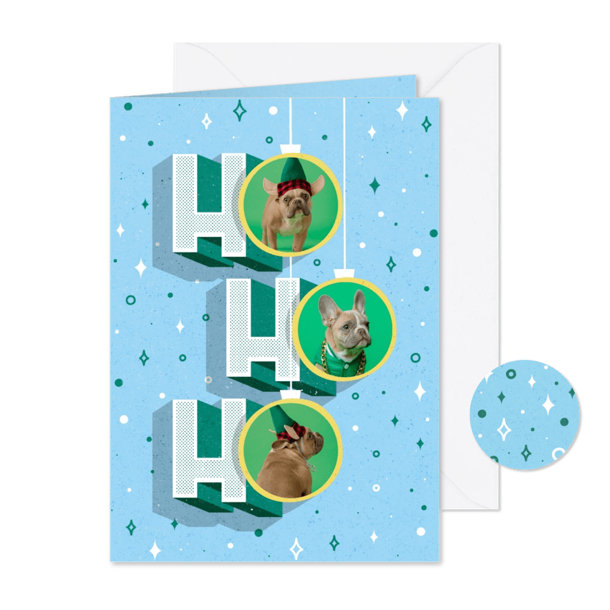 Funky kerstkaart HO HO HO retro met foto's in kerstballen - Kaartimpressie