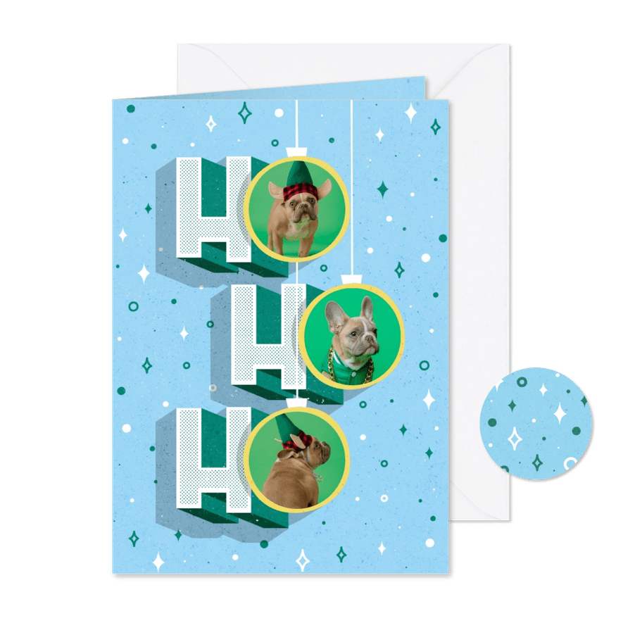Funky kerstkaart HO HO HO retro met foto's in kerstballen - Kaartimpressie