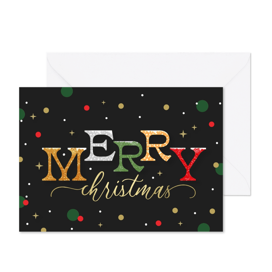 Funky kerstkaart merry christmas confetti typografie - Kaartimpressie