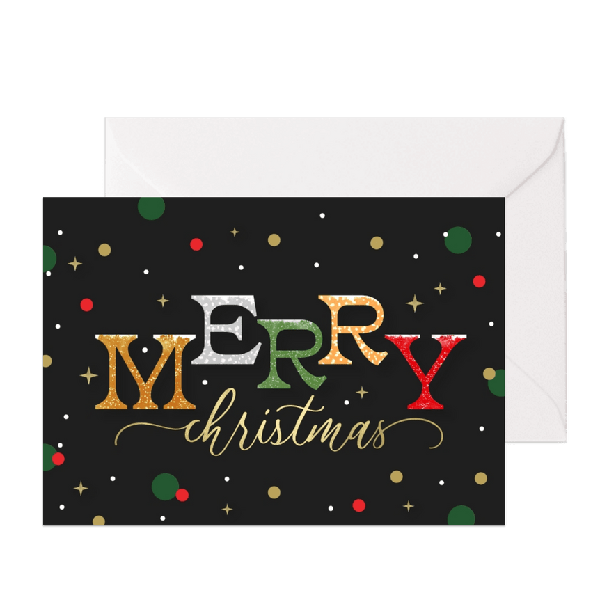 Funky kerstkaart merry christmas confetti typografie - Kaartimpressie